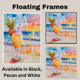 Refreshing Pina Colada on the Beach Watercolor Painting with Pineapple Garnish and Sunset Ocean Background on Ready to Hang 1.5" Thick Canvas Wrap, Floating Framed Canvas, Flat Rolled Canvas