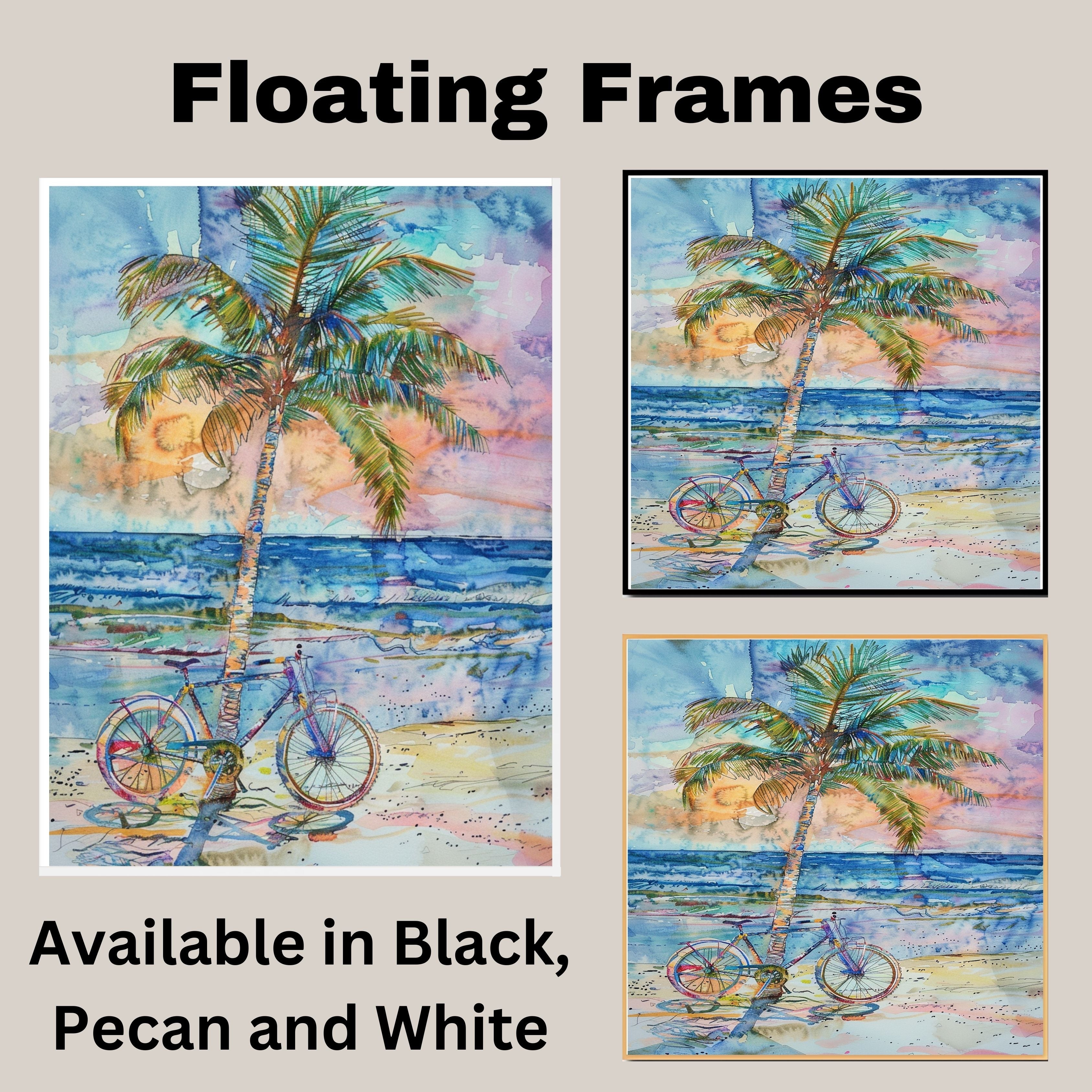Palm Tree and Bicycle on the Beach Watercolor Painting with Vibrant Ocean Sunset on Ready to Hang 1.5" Thick Canvas Wrap, Floating Framed Canvas, Flat Rolled Canvas