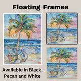 Palm Tree and Bicycle on the Beach Watercolor Painting with Vibrant Ocean Sunset on Ready to Hang 1.5" Thick Canvas Wrap, Floating Framed Canvas, Flat Rolled Canvas