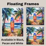 Watercolor Painting of Multicolored Surfboard on Beach Path with Sunset and Palm Trees on Ready to Hang 1.5" Thick Canvas Wrap, Floating Framed Canvas, Flat Rolled Canvas