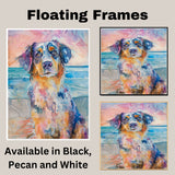 Watercolor Painting of a Multicolored Dog at the Beach – Gentle Expression Coastal Art Print for Dog and Ocean Lovers on Ready to Hang 1.5" Thick Canvas Wrap, Floating Framed Canvas, Flat Rolled Canvas