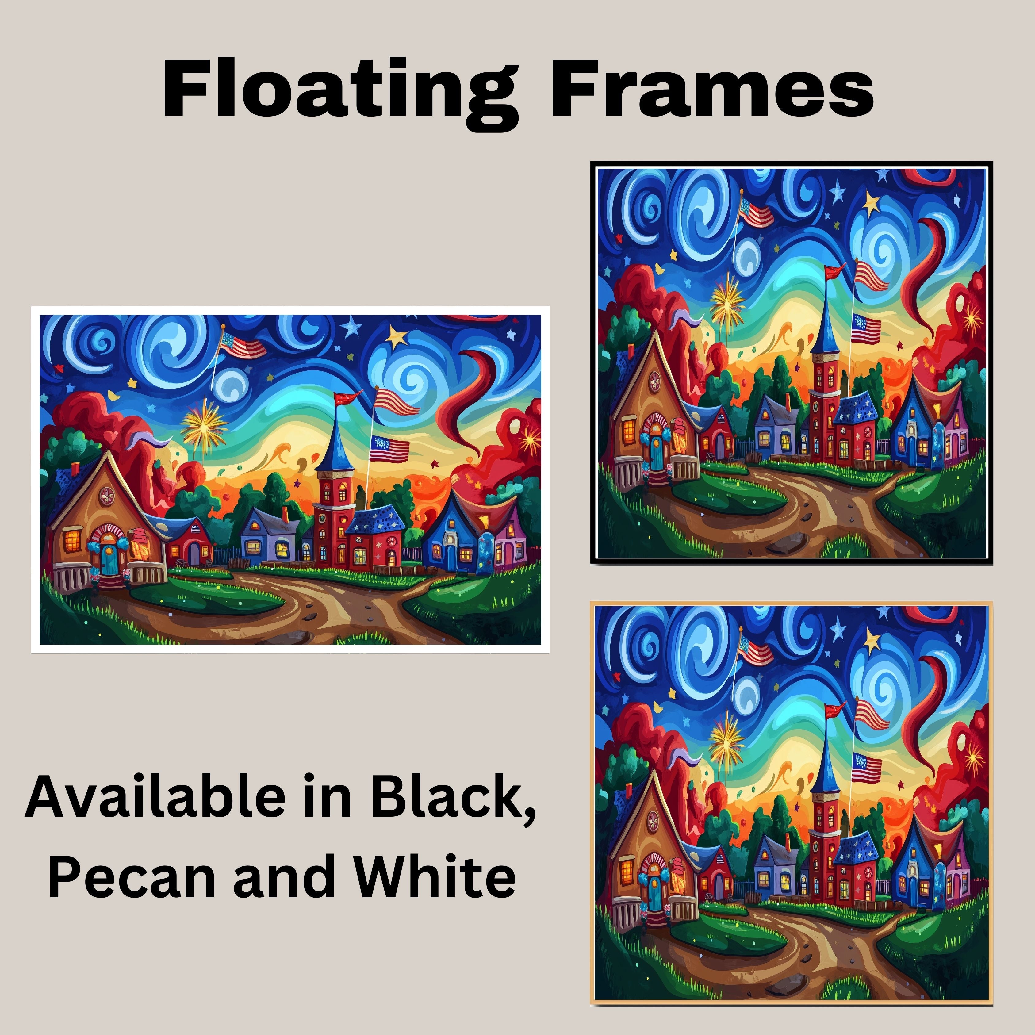 Colorful 4th of July Village with Fireworks, American Flags, and Swirling Sky, Whimsical Sunset Scene with Bold Colors and Playful Patriotic Celebration on Ready to Hang 1.5" Thick Canvas Wrap, Floating Framed Canvas, Flat Rolled Canvas