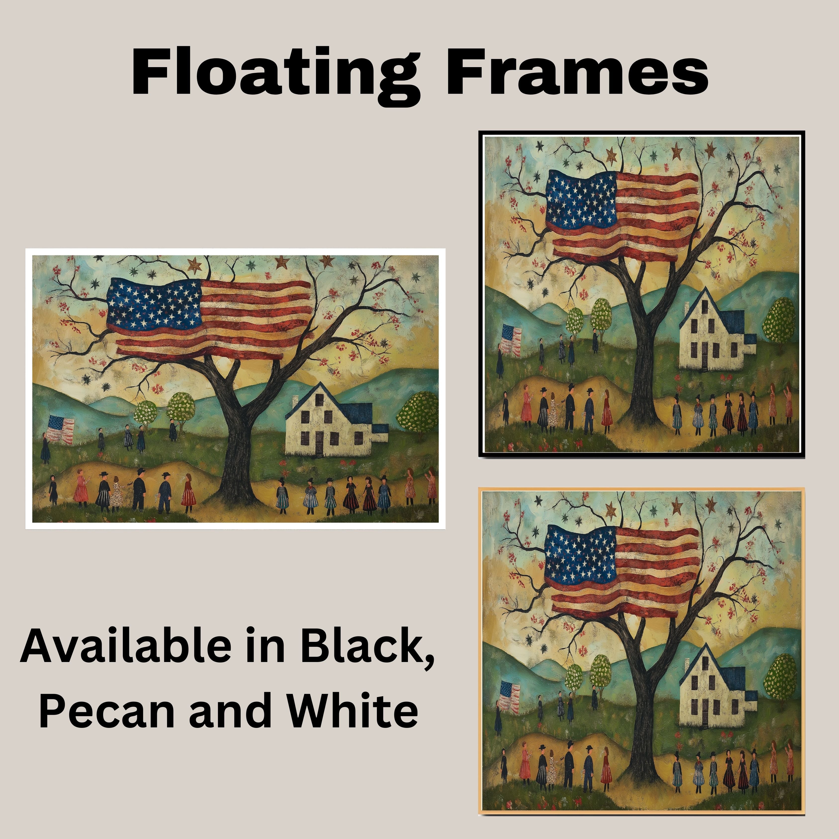 Charming Folk Art Scene of 4th of July Celebration with American Flag Tree, Village Parade, and Country Landscape in a Whimsical Patriotic Americana Style on Ready to Hang 1.5" Thick Canvas Wrap, Floating Framed Canvas, Flat Rolled Canvas
