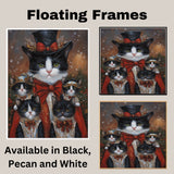 Victorian Yuletide Charm: Tuxedo Cat Mom with Four Kittens in Red Ribbons on Ready to Hang 1.5" Thick Canvas Wrap, Floating Framed Canvas, Flat Rolled Canvas