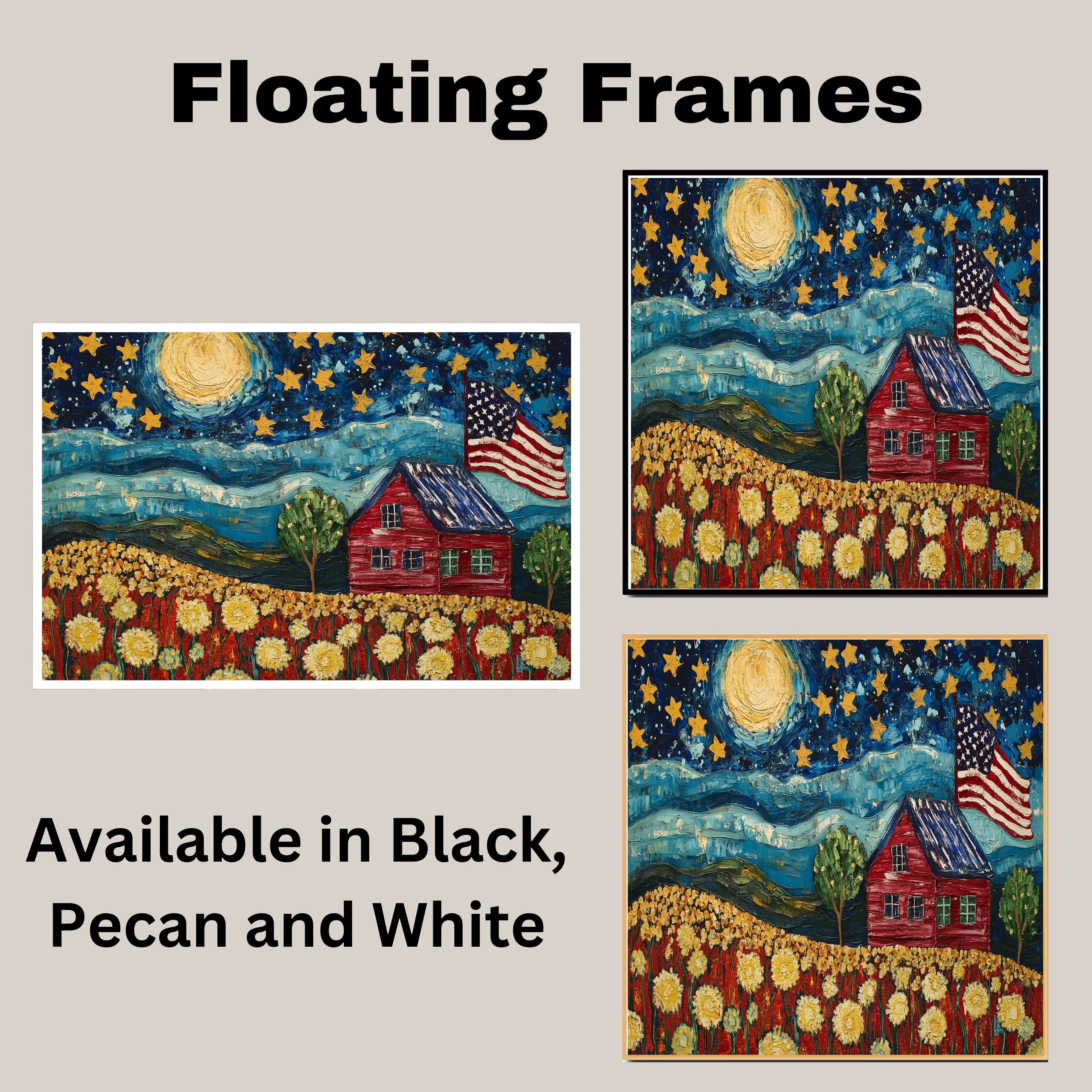 Patriotic Farmhouse Under Starry Sky with American Flag and Flower Field, Folk Art Style 4th of July Scene in Bold Colors and Textured Brushstrokes on Ready to Hang 1.5" Thick Canvas Wrap, Floating Framed Canvas, Flat Rolled Canvas