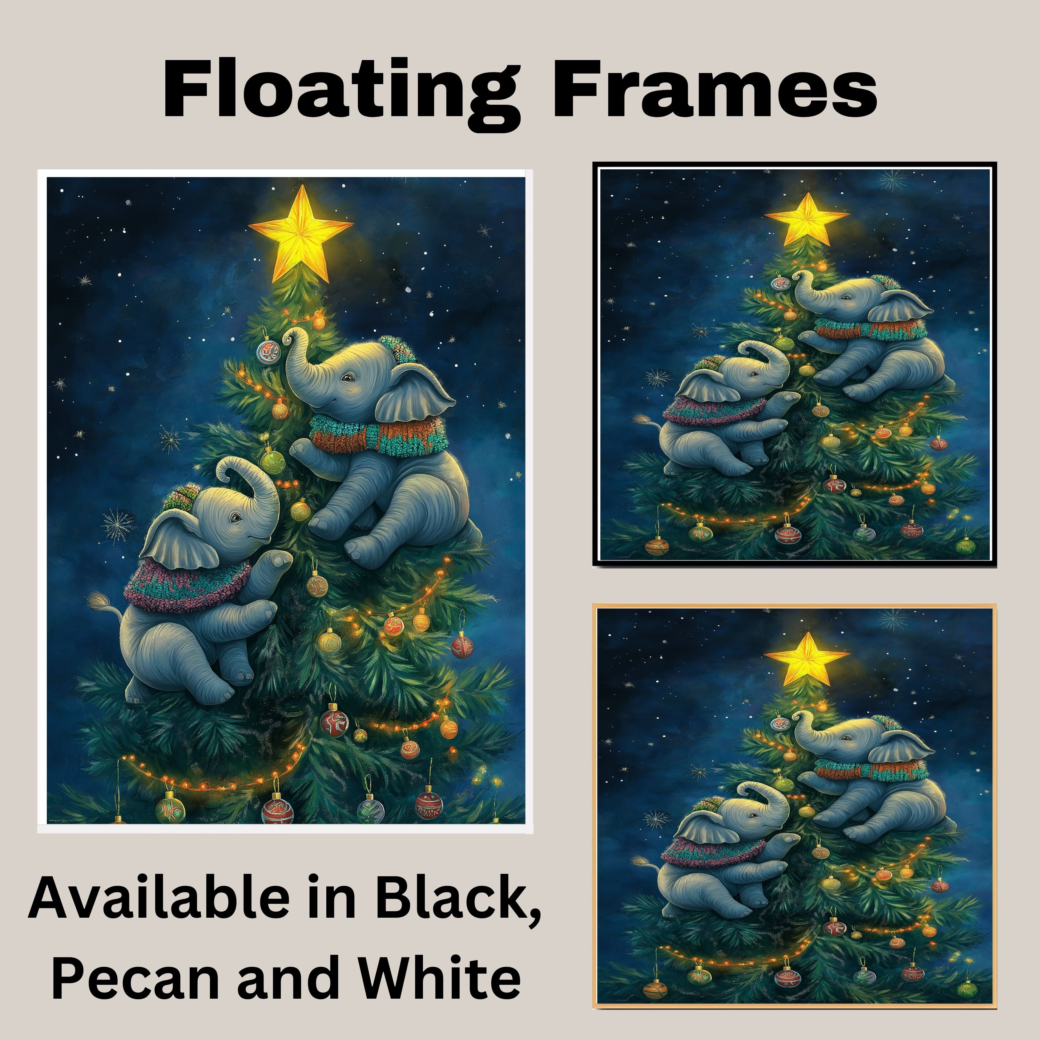 Christmas Baby Elephants Climbing Tree with Ornaments and Star in Cozy Sweaters Under a Starry Sky Holiday Art Print for Kids Room or Seasonal Decor on Ready to Hang 1.5" Thick Canvas Wrap, Floating Framed Canvas, Flat Rolled Canvas