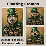 Lucky Paws: Siberian Husky with Adorable Puppies Dressed in St. Patrick's Day Outfits on Ready to Hang 1.5" Thick Canvas Wrap, Floating Framed Canvas, Flat Rolled Canvas