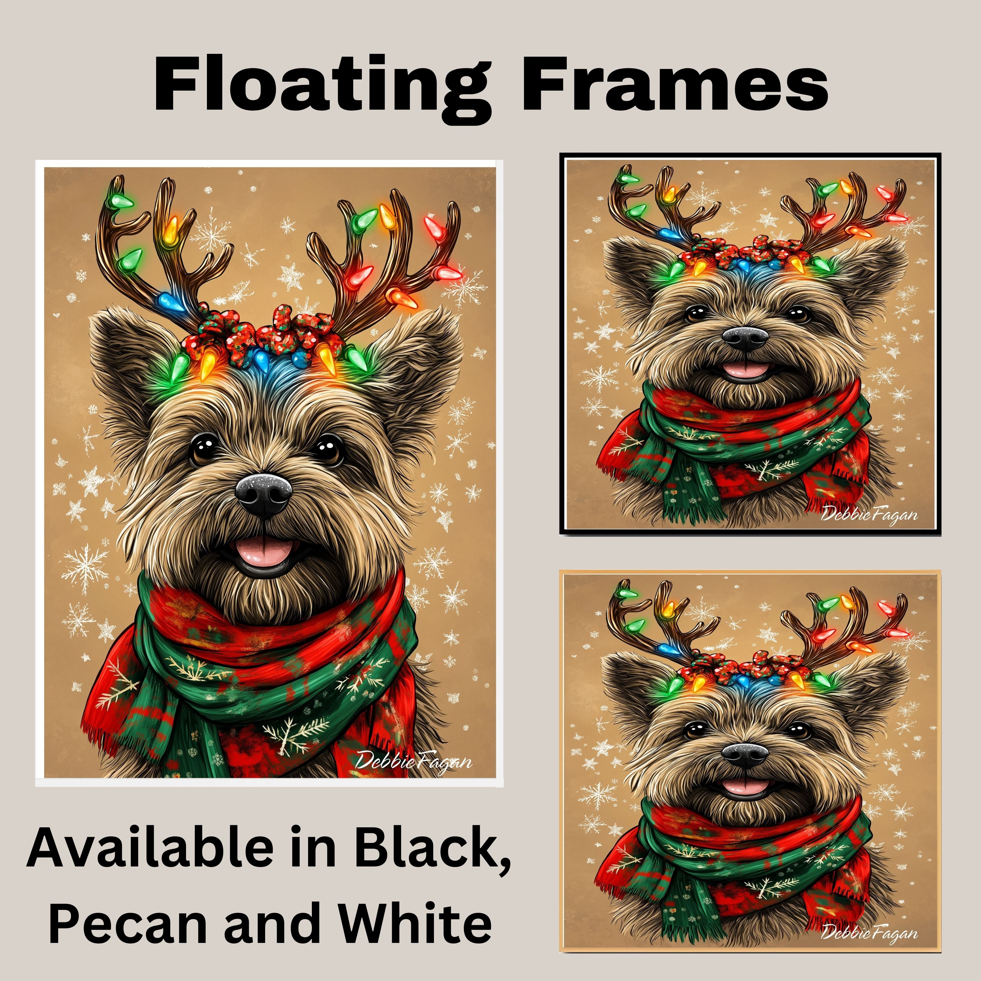 "Snowy Paws" - Cairn Terrier Dog with Lighted Antlers & Festive Scarf on Rustic Background with Snowflakes, Ready to Hang 1.5" Thick Canvas Wrap, Floating Framed Canvas, Flat Rolled Canvas