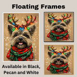 "Snowy Paws" - Cairn Terrier Dog with Lighted Antlers & Festive Scarf on Rustic Background with Snowflakes, Ready to Hang 1.5" Thick Canvas Wrap, Floating Framed Canvas, Flat Rolled Canvas