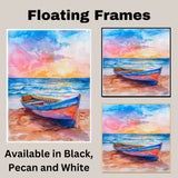Watercolor Painting of Colorful Wooden Rowboat on Beach with Sunset Ocean Waves and Dramatic Sky in Pink Blue and Orange Tones on Ready to Hang 1.5" Thick Canvas Wrap, Floating Framed Canvas, Flat Rolled Canvas