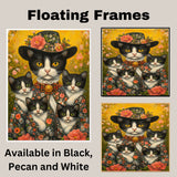 Graceful Blooms: Tuxedo Cat Mom in Victorian Attire Carrying Four Kittens on Ready to Hang 1.5" Thick Canvas Wrap, Floating Framed Canvas, Flat Rolled Canvas