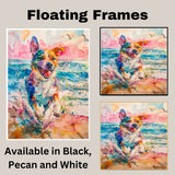 Vibrant Watercolor Dog Splashing on Beach with Birds and Ocean in Energetic Coastal Animal Art for Pet Lovers on Ready to Hang 1.5" Thick Canvas Wrap, Floating Framed Canvas, Flat Rolled Canvas