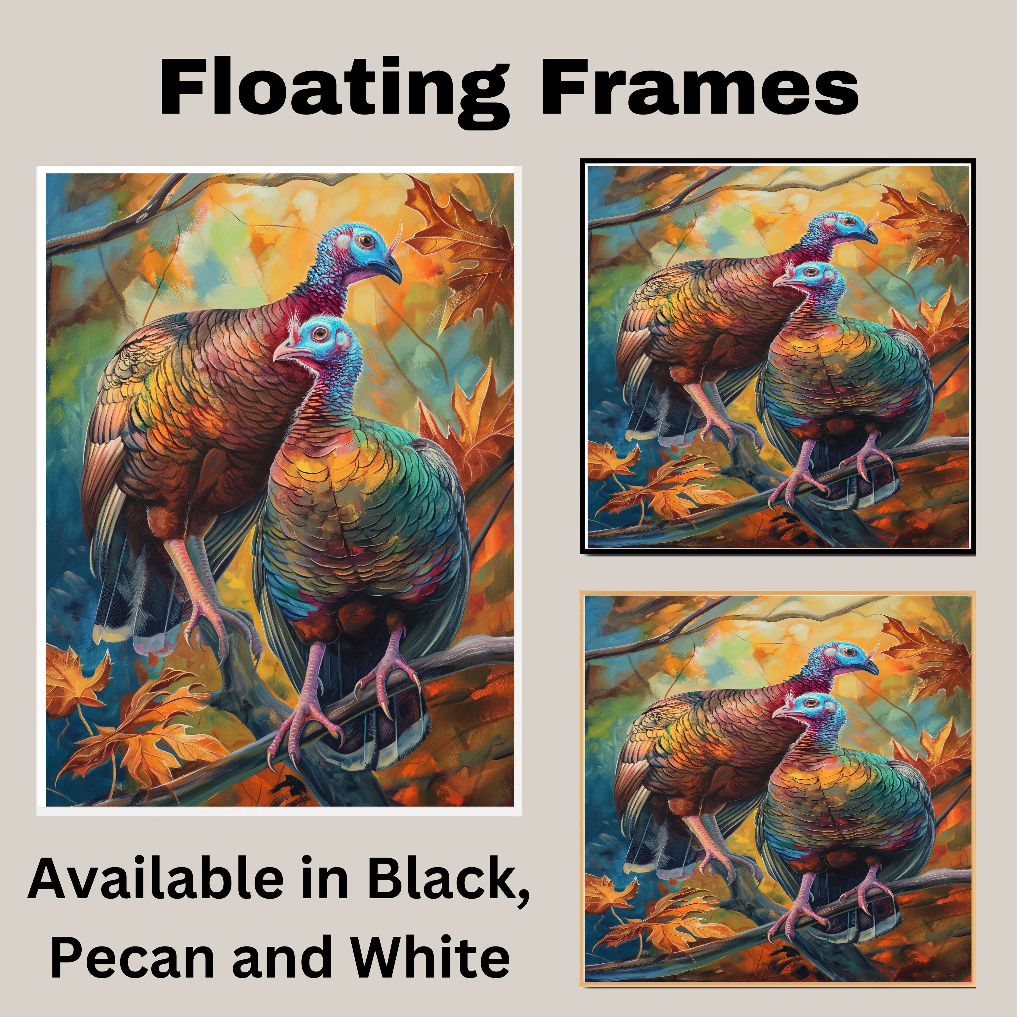 Colorful Wild Turkey Pair Perched on Branch Among Autumn Leaves with Vivid Feathers and Blue Faces in a Stunning Wildlife Nature Art Scene on Ready to Hang 1.5" Thick Canvas Wrap, Floating Framed Canvas, Flat Rolled Canvas