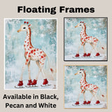 Whimsical Christmas Giraffe Ice Skating with Red Boots and Snowflake Accents – Playful Holiday Animal Art for Winter Decor and Festive Seasonal Cheer on Ready to Hang 1.5" Thick Canvas Wrap, Floating Framed Canvas, Flat Rolled Canvas