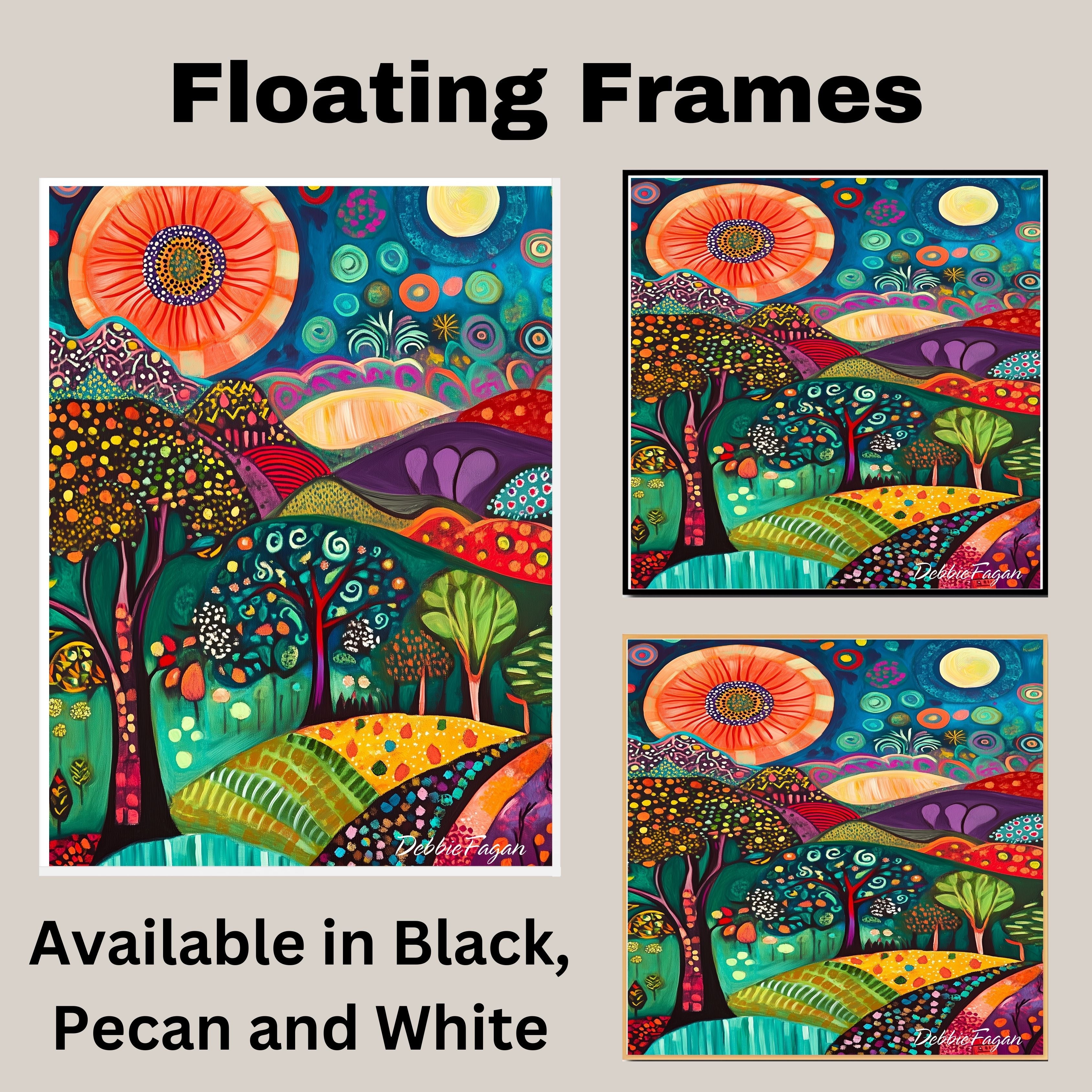Vibrant Folk Art Landscape Canvas – Colorful Trees, Hills, and Sunbursts in Whimsical Abstract Style on Ready to Hang 1.5" Thick Canvas Wrap, Floating Framed Canvas, Flat Rolled Canvas