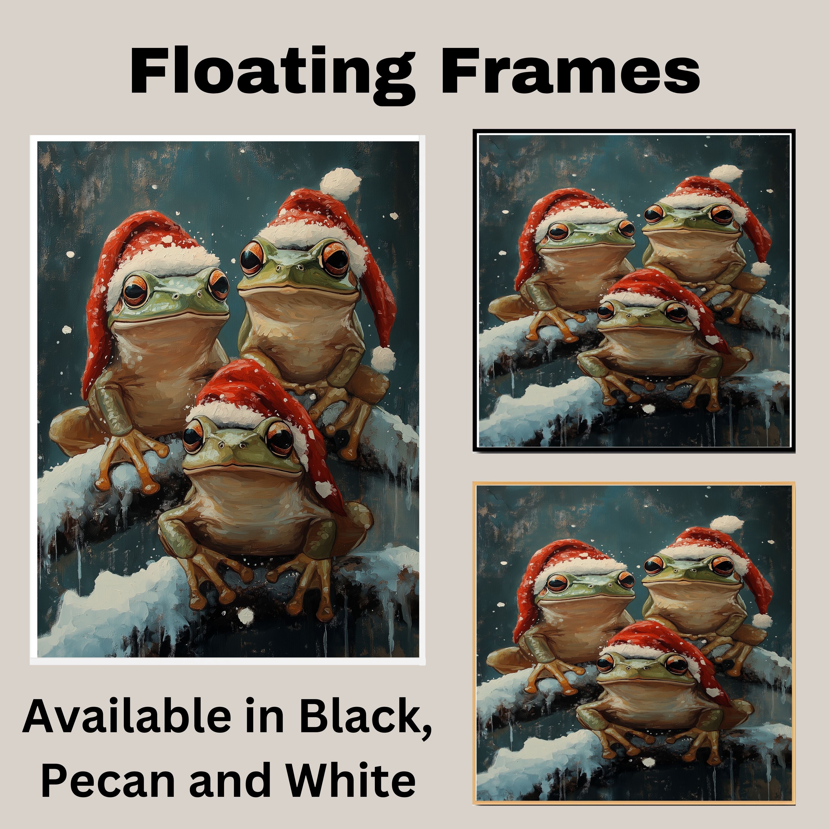 Christmas Frogs in Santa Hats Festive Tree Frogs Sitting on Snowy Branches Adorable Winter Holiday Decoration for Home Office or Christmas Gifts on Ready to Hang 1.5" Thick Canvas Wrap, Floating Framed Canvas, Flat Rolled Canvas