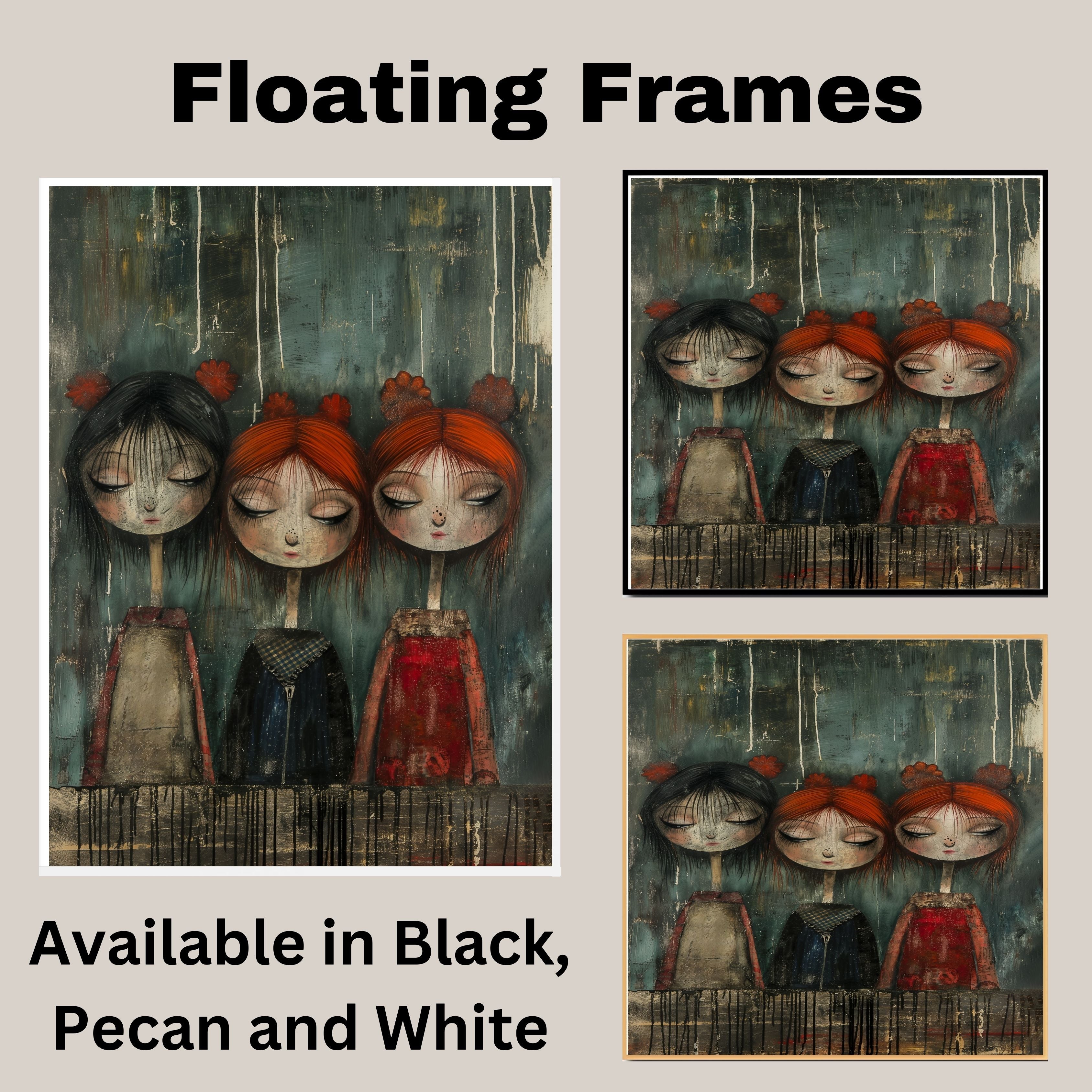 Emotional Trio of Girls Moody Hand Painted Art Deep and Expressive Portrait Perfect for Home Wall Decor Living Room Bedroom Office or Unique Gift on Ready to Hang 1.5" Thick Canvas Wrap, Floating Framed Canvas, Flat Rolled Canvas