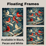 Retro Style Painting of Red and Cream Cardinals in a Snowy Tree with Golden Ornaments and Holly Accents Perfect for Christmas Decor or Winter Bird Lovers on Ready to Hang 1.5" Thick Canvas Wrap, Floating Framed Canvas, Flat Rolled Canvas