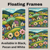 Peaceful Folk Art Canvas – Colorful Houses and Wildflowers on Rolling Green Hills with Forest Backdrop on Ready to Hang 1.5" Thick Canvas Wrap, Floating Framed Canvas, Flat Rolled Canvas