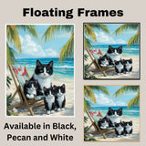 Seaside Serenity: Tuxedo Cat Mom and Three Kittens Relaxing on a Beach Chair on Ready to Hang 1.5" Thick Canvas Wrap, Floating Framed Canvas, Flat Rolled Canvas
