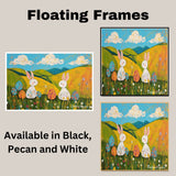 Whimsical Easter Bunnies with Colorful Eggs and Rolling Hills – Folk Art Spring Wall Decor Print on Ready to Hang 1.5" Thick Canvas Wrap, Floating Framed Canvas, Flat Rolled Canvas