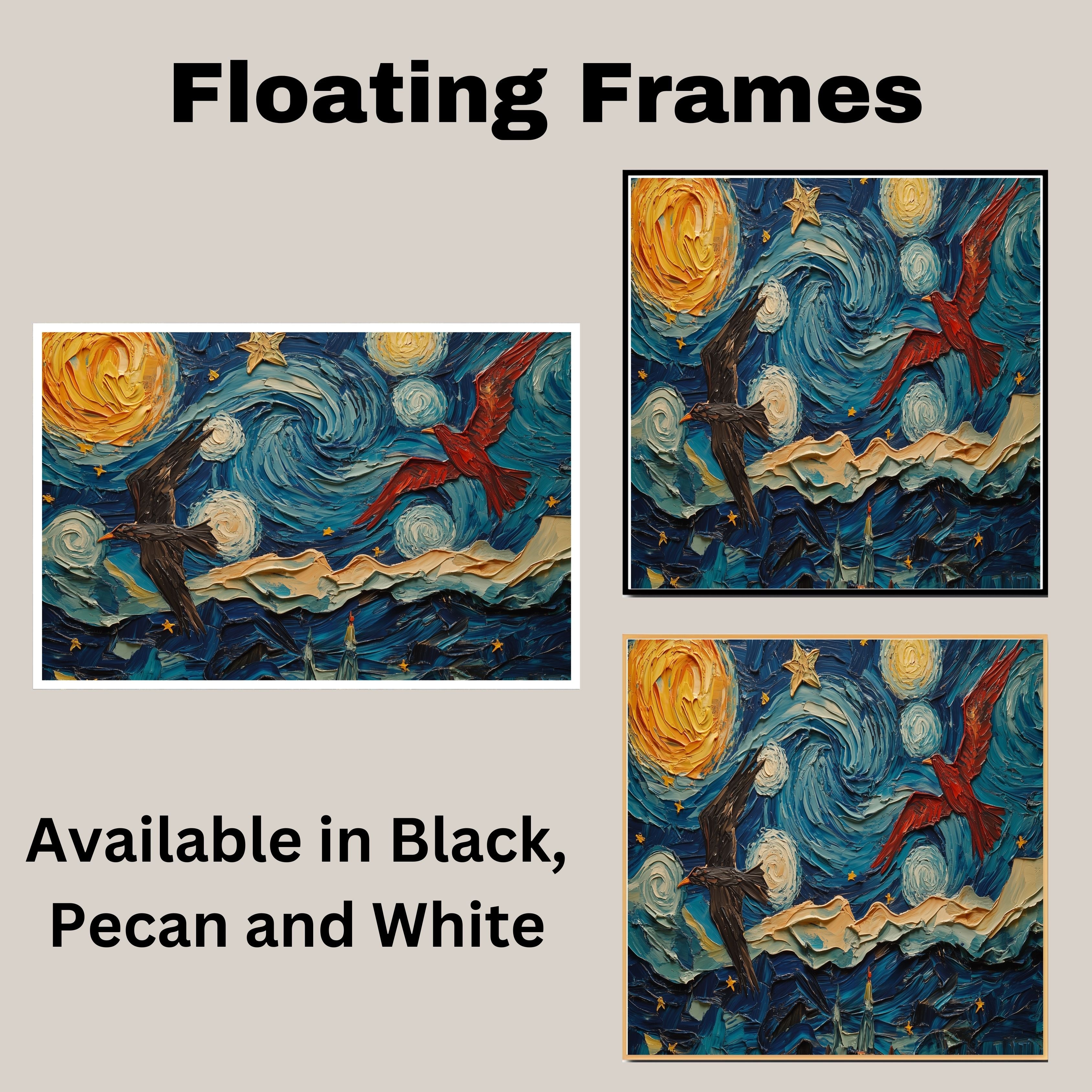 Starry Night Folk Art with Birds – Colorful Impressionist Sky Wall Art Print – Van Gogh Inspired Patriotic Red and Black Birds Soaring in Whimsical Night Sky on Ready to Hang 1.5" Thick Canvas Wrap, Floating Framed Canvas, Flat Rolled Canvas