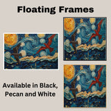 Starry Night Folk Art with Birds – Colorful Impressionist Sky Wall Art Print – Van Gogh Inspired Patriotic Red and Black Birds Soaring in Whimsical Night Sky on Ready to Hang 1.5" Thick Canvas Wrap, Floating Framed Canvas, Flat Rolled Canvas