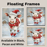 Whimsical Christmas Cow Ice Skating with Red Santa Hat and Snowflake Scarf Festive Farm Animal Illustration for Country Winter Décor and Holiday Cheer on Ready to Hang 1.5" Thick Canvas Wrap, Floating Framed Canvas, Flat Rolled Canvas