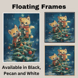 Two Baby Foxes in Scarves Holding Cocoa on Christmas Tree Surrounded by Ornaments and Lights in Winter Night Scene Holiday Art Print for Cozy Decor on Ready to Hang 1.5" Thick Canvas Wrap, Floating Framed Canvas, Flat Rolled Canvas