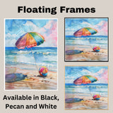 Watercolor Painting of Vibrant Beach Umbrella and Ball on Shoreline with Soft Ocean Waves and Pastel Sky for Summer Vibes on Ready to Hang 1.5" Thick Canvas Wrap, Floating Framed Canvas, Flat Rolled Canvas