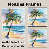 Watercolor Painting of a Palm Tree on a Tropical Beach with Sunset Sky and Ocean in Soft Multicolored Tones on Ready to Hang 1.5" Thick Canvas Wrap, Floating Framed Canvas, Flat Rolled Canvas