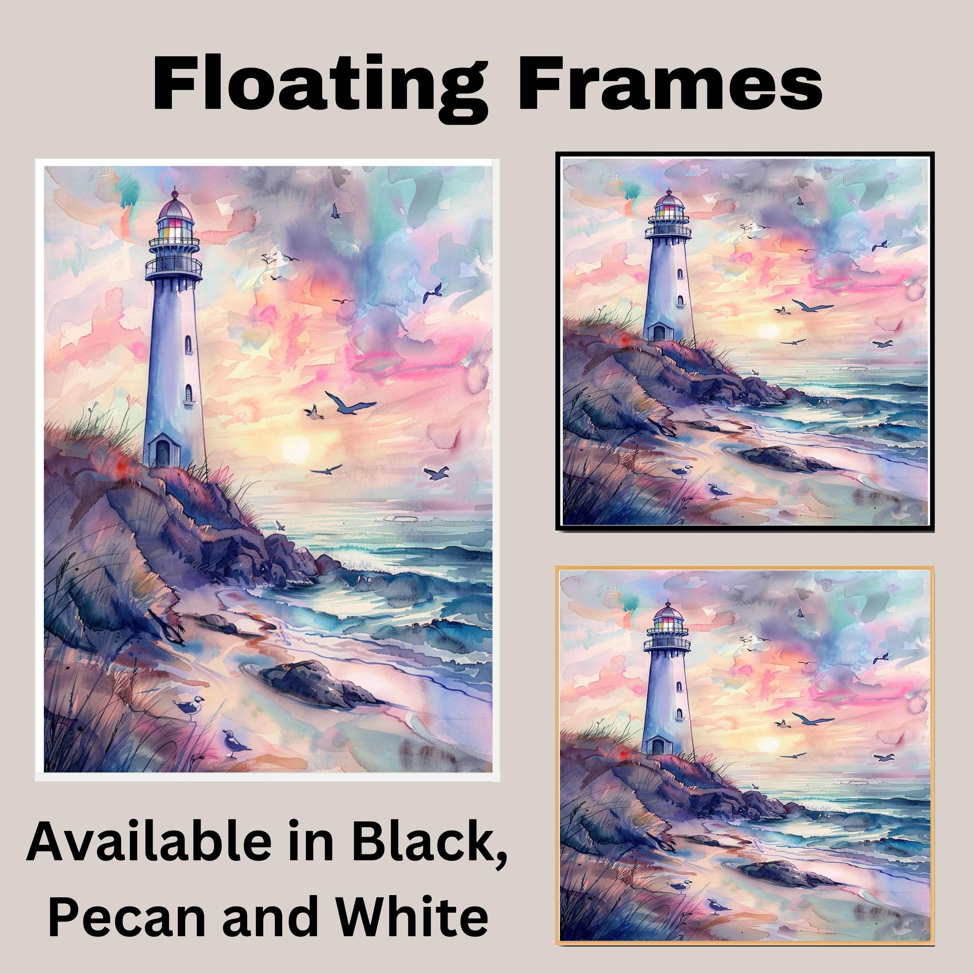 Elegant Lighthouse on Coastal Cliff with Pastel Sunset Sky and Ocean Waves in Soothing Watercolor Seaside Painting on Ready to Hang 1.5" Thick Canvas Wrap, Floating Framed Canvas, Flat Rolled Canvas