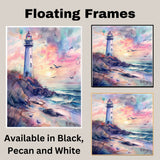 Elegant Lighthouse on Coastal Cliff with Pastel Sunset Sky and Ocean Waves in Soothing Watercolor Seaside Painting on Ready to Hang 1.5" Thick Canvas Wrap, Floating Framed Canvas, Flat Rolled Canvas