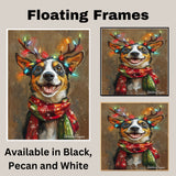 Holiday Bliss - 'Rustic Cheer' - Australian Shepherd Dog with Lighted Antlers & Cozy Scarf on Rustic Background, Ready to Hang 1.5" Thick Canvas Wrap, Floating Framed Canvas, Flat Rolled Canvas