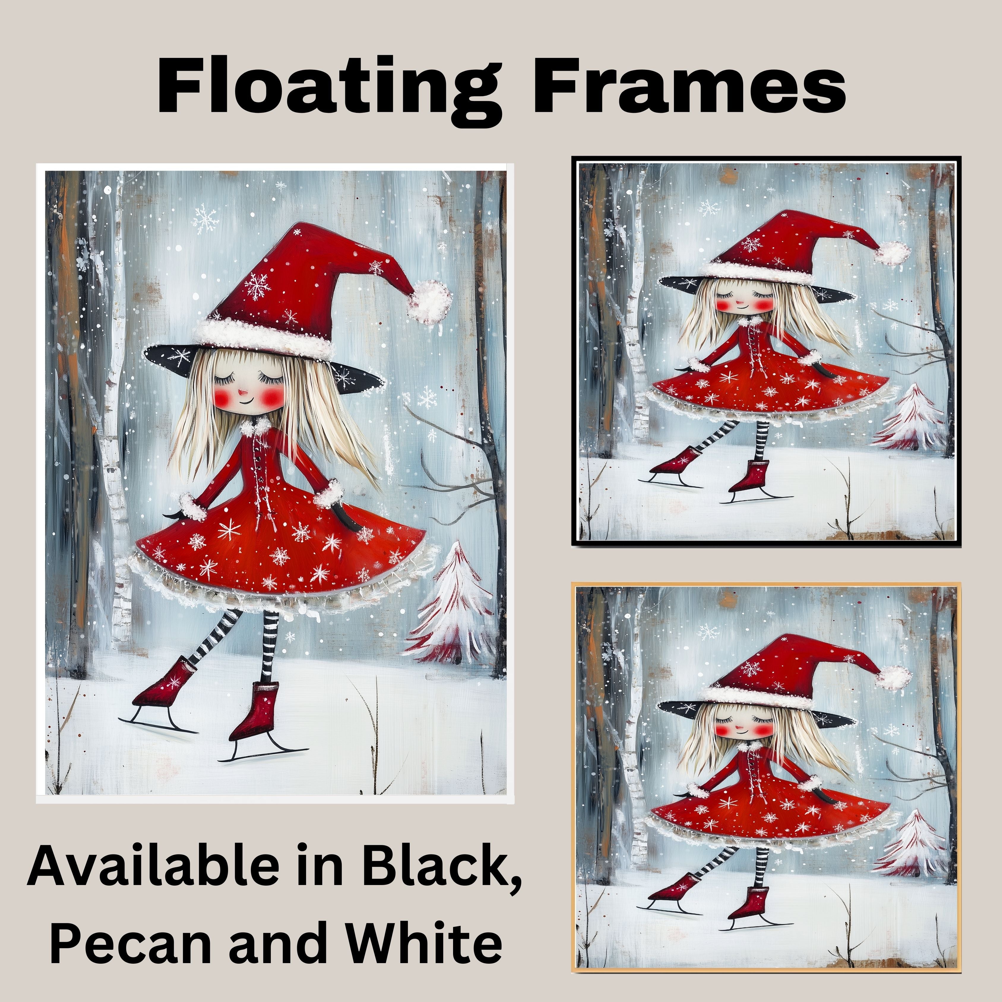 Christmas Witch Ice Skating Print – Whimsical Red Dress & Striped Tights Holiday Art, Cute Winter Witch Decor, Magical Snowy Season Wall Art for Girls' Room or Nursery on Ready to Hang 1.5" Thick Canvas Wrap, Floating Framed Canvas, Flat Rolled Canvas