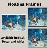 Christmas Folk Art Scene with Red Cabins, Snowy Church, Starry Sky and Children Playing in a Winter Wonderland on Ready to Hang 1.5" Thick Canvas Wrap, Floating Framed Canvas, Flat Rolled Canvas