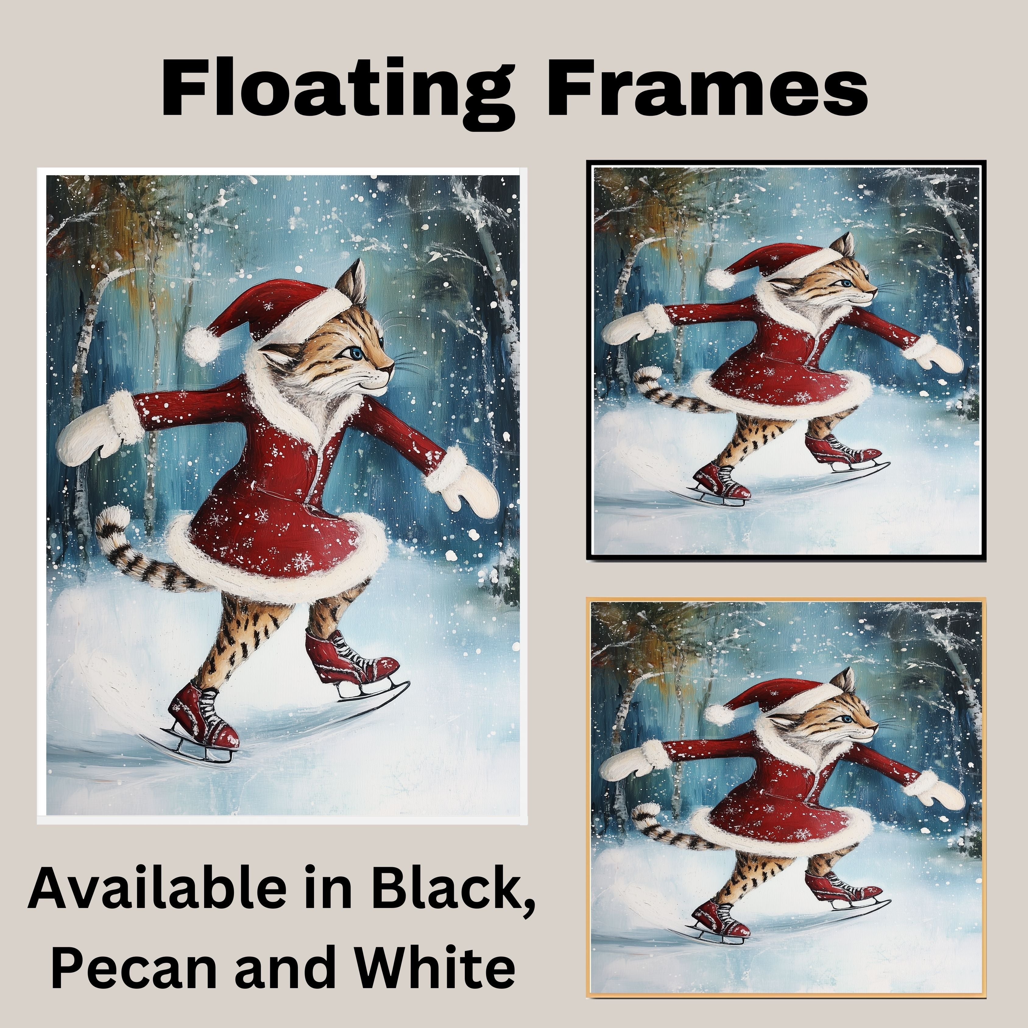 Festive Cougar Ice Skating in Red Santa Dress Whimsical Christmas Wall Art Featuring Wild Cat in Snowy Forest – Holiday Decor for Animal and Winter Art Fans on Ready to Hang 1.5" Thick Canvas Wrap, Floating Framed Canvas, Flat Rolled Canvas