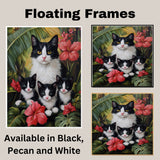 Enchanted Tropics: Tuxedo Cat Mom and Three Kittens Amidst Lush Greenery on Ready to Hang 1.5" Thick Canvas Wrap, Floating Framed Canvas, Flat Rolled Canvas