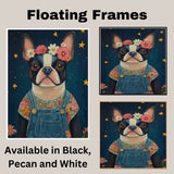 Whimsical Boston Terrier in Floral Overalls Under Starry Night Sky Charming Dog Art Perfect for Nursery Living Room Decor and Dog Lover Gifts on Ready to Hang 1.5" Thick Canvas Wrap, Floating Framed Canvas, Flat Rolled Canvas