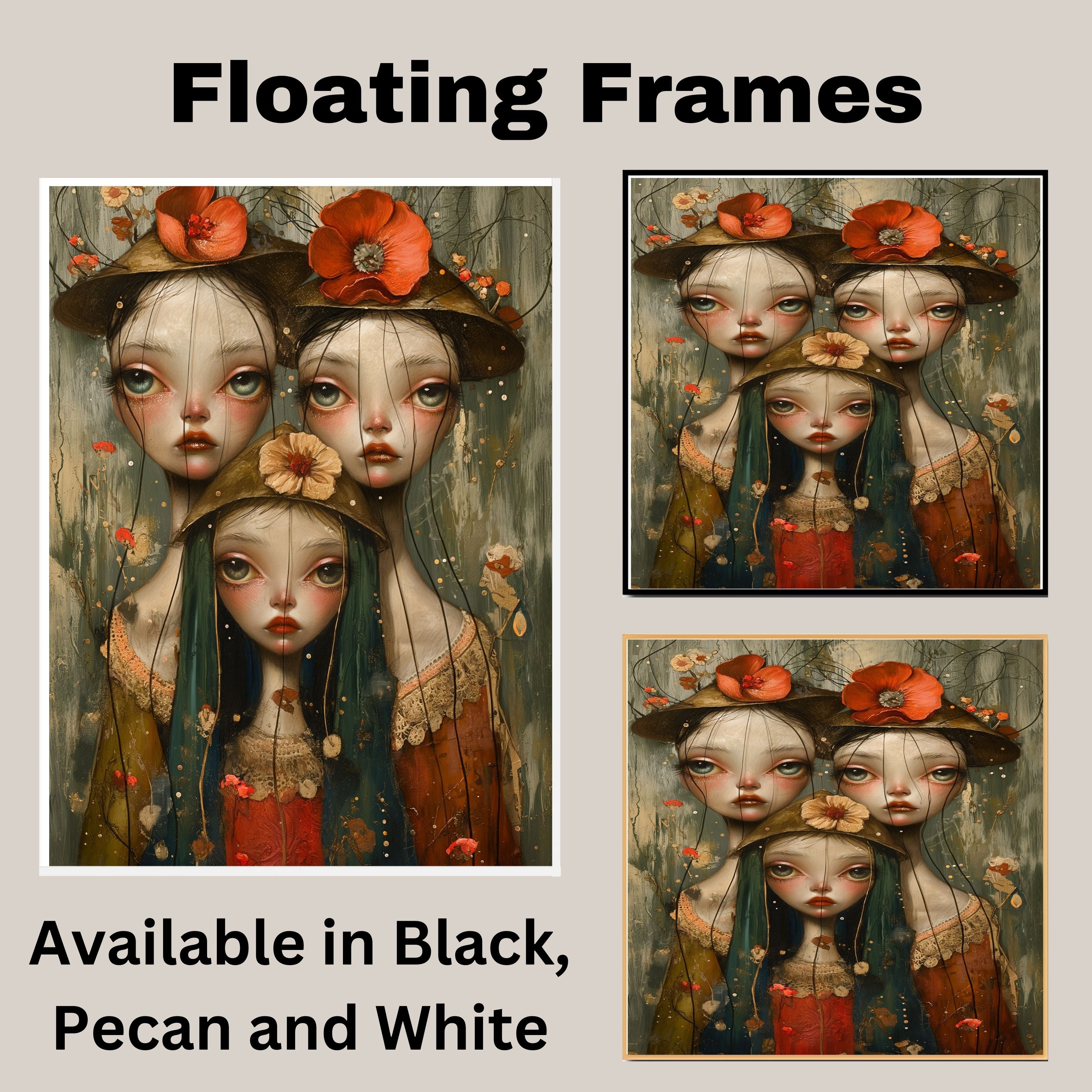 Dreamy Trio of Girls with Floral Hats Hand Painted Art Emotional and Delicate Perfect for Home Wall Decor Living Room Bedroom Office or Unique Gift Idea on Ready to Hang 1.5" Thick Canvas Wrap, Floating Framed Canvas, Flat Rolled Canvas