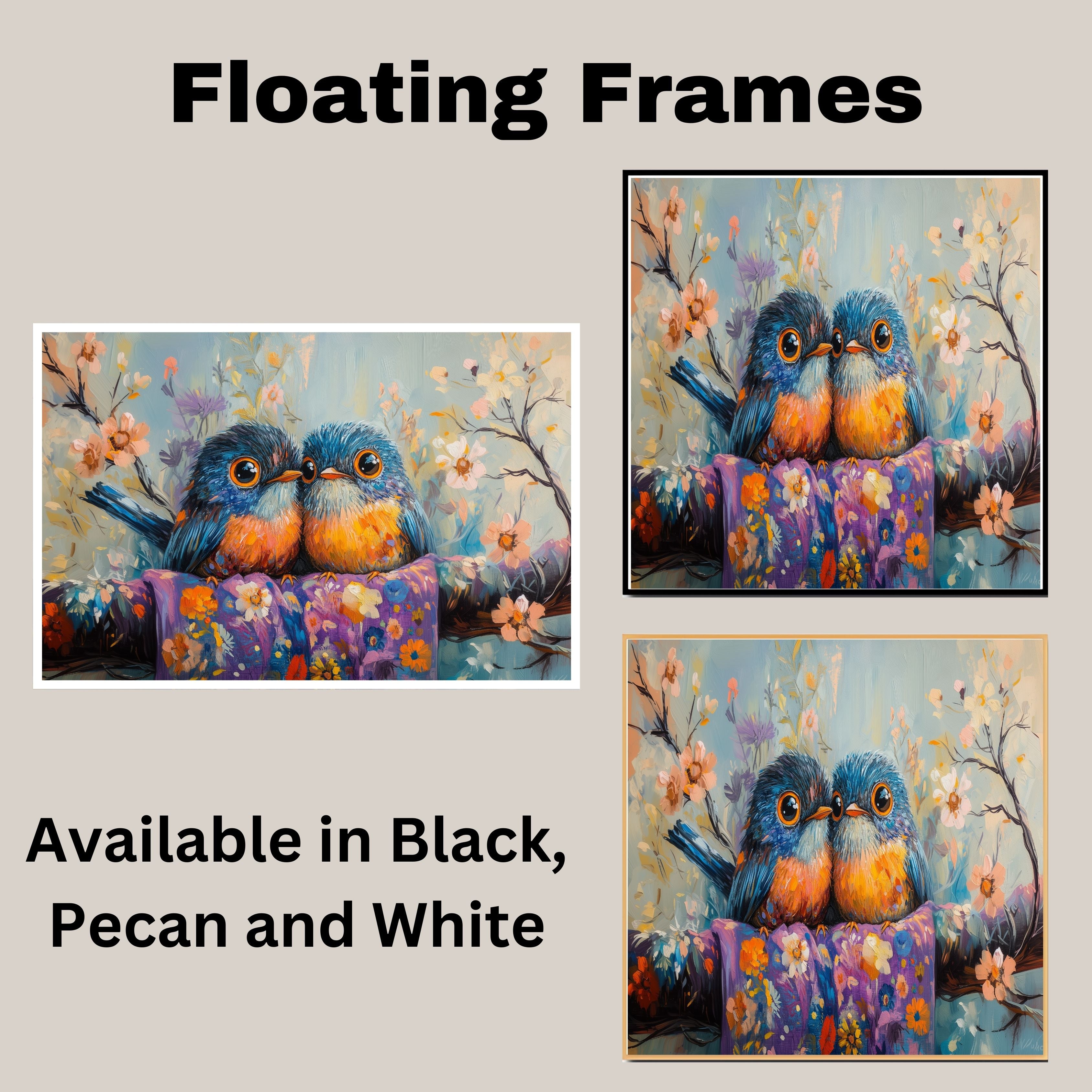 Painting of Two Colorful Plump Birds Sitting Close Together on a Flower Covered Branch with Bright Feathers and Big Eyes in a Playful Springtime Floral Scene on Ready to Hang 1.5" Thick Canvas Wrap, Floating Framed Canvas, Flat Rolled Canvas