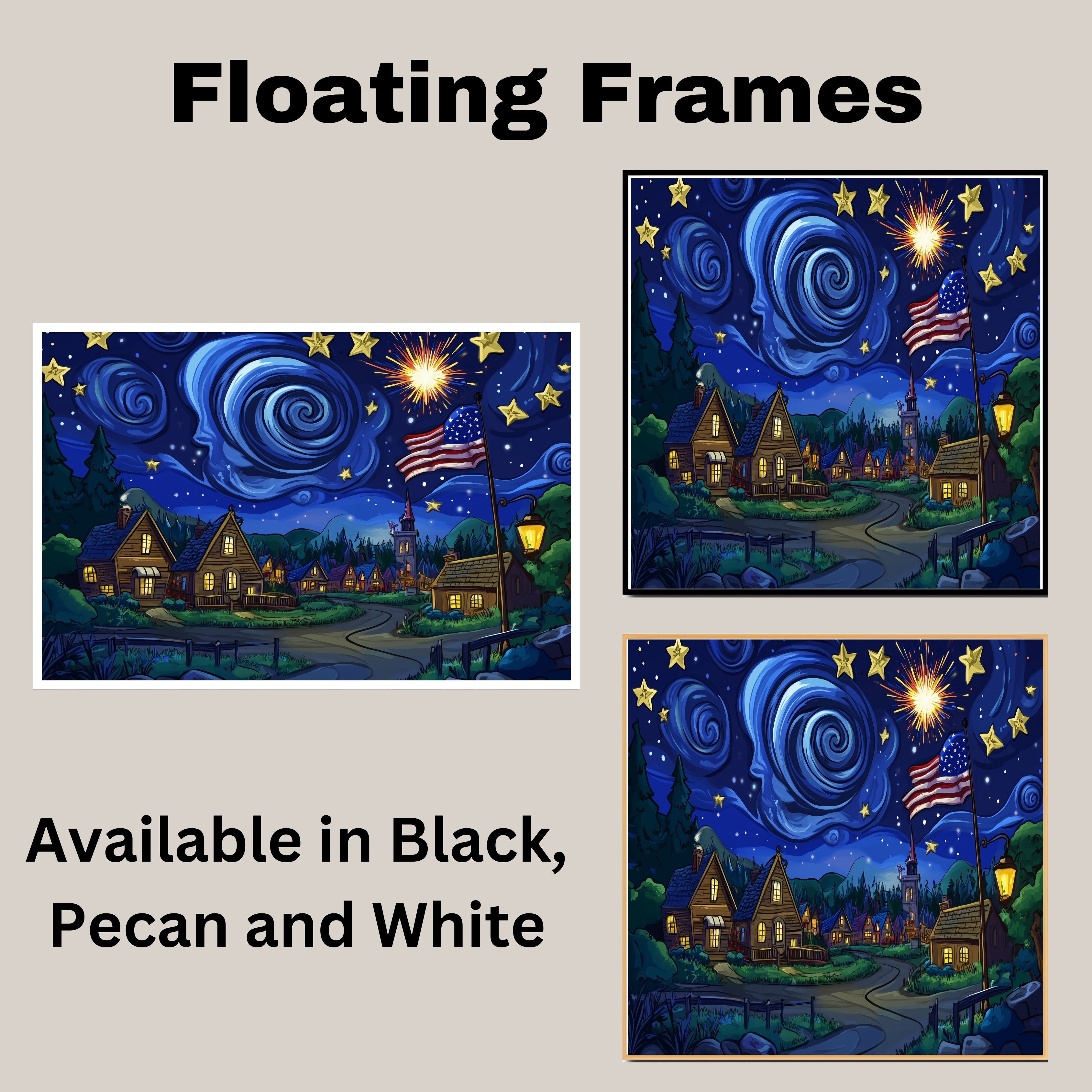 Whimsical 4th of July Village Scene with Fireworks, American Flag, and Starry Swirling Sky, Glowing Homes and a Festive Night Full of Wonder and Celebration on Ready to Hang 1.5" Thick Canvas Wrap, Floating Framed Canvas, Flat Rolled Canvas