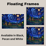 Whimsical 4th of July Village Scene with Fireworks, American Flag, and Starry Swirling Sky, Glowing Homes and a Festive Night Full of Wonder and Celebration on Ready to Hang 1.5" Thick Canvas Wrap, Floating Framed Canvas, Flat Rolled Canvas