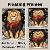 "Frosted Pride Lion" - Lion in Red Scarf Amidst Snowy Scenery on Ready to Hang 1.5" Thick Canvas Wrap, Floating Framed Canvas, Flat Rolled Canvas