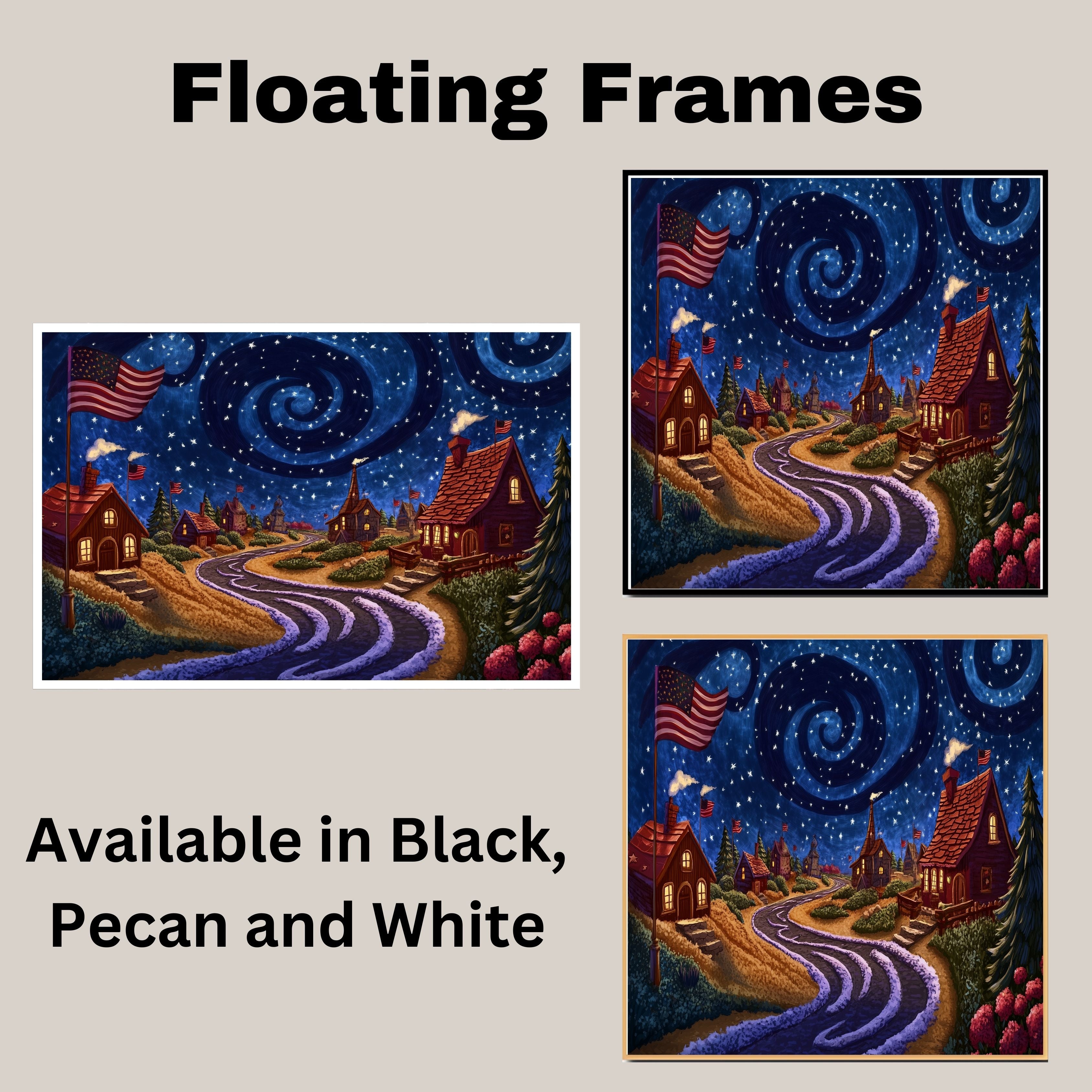 Whimsical 4th of July Village Under Swirling Starry Sky with Glowing Cottages, American Flags, and Winding Road in a Cozy Patriotic Nighttime Scene on Ready to Hang 1.5" Thick Canvas Wrap, Floating Framed Canvas, Flat Rolled Canvas