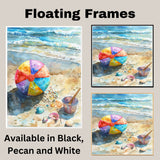 Watercolor Painting of Beach Ball and Seashells on Shoreline with Gentle Waves and Sunlit Sand for Coastal Summer Vibes on Ready to Hang 1.5" Thick Canvas Wrap, Floating Framed Canvas, Flat Rolled Canvas