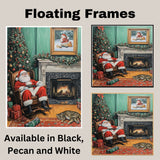 Santa Claus Relaxing in Rocking Chair by Fireplace with Christmas Tree, Gifts and Sleeping Cat in a Warm Holiday Living Room Scene with Garland and Framed Art on Ready to Hang 1.5" Thick Canvas Wrap, Floating Framed Canvas, Flat Rolled Canvas