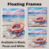 Watercolor Painting of a Life Ring with Anchor on Sandy Beach Beside Ocean Waves and Sunset Sky in Coastal Colors on Ready to Hang 1.5" Thick Canvas Wrap, Floating Framed Canvas, Flat Rolled Canvas