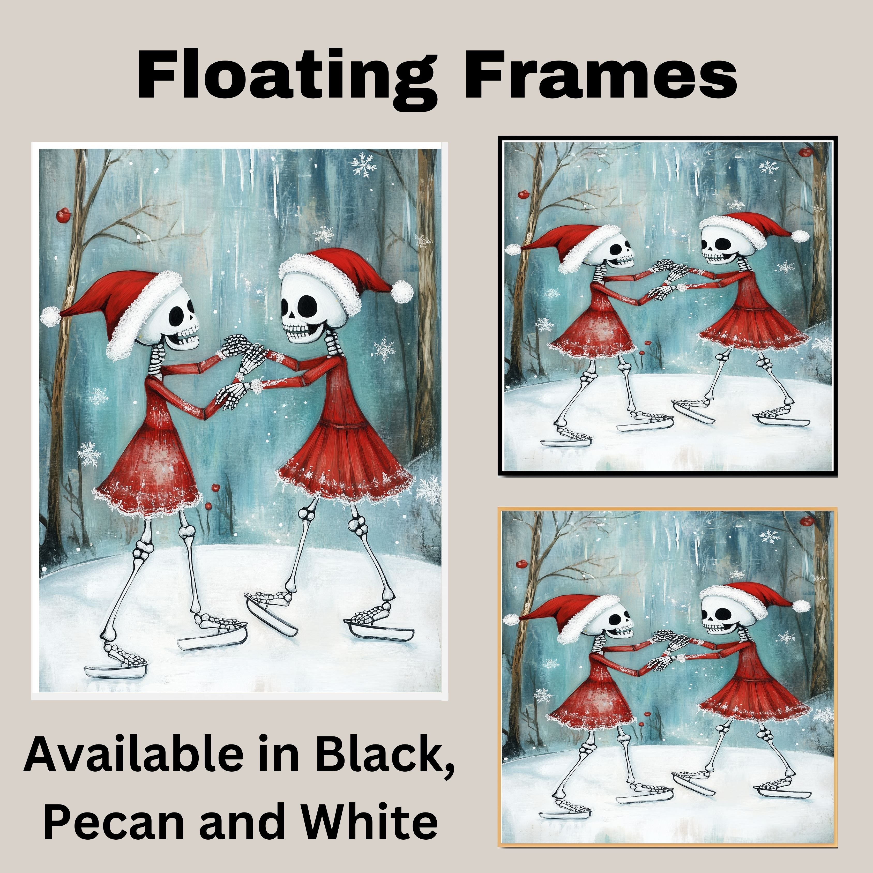 Whimsical Skeleton Ice Skating Christmas Art – Festive Gothic Winter Decor with Dancing Skeletons in Red Dresses and Santa Hats, Spooky Cute Holiday Wall Print on Ready to Hang 1.5" Thick Canvas Wrap, Floating Framed Canvas, Flat Rolled Canvas