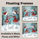 Whimsical Skeleton Ice Skating Christmas Art – Festive Gothic Winter Decor with Dancing Skeletons in Red Dresses and Santa Hats, Spooky Cute Holiday Wall Print on Ready to Hang 1.5" Thick Canvas Wrap, Floating Framed Canvas, Flat Rolled Canvas